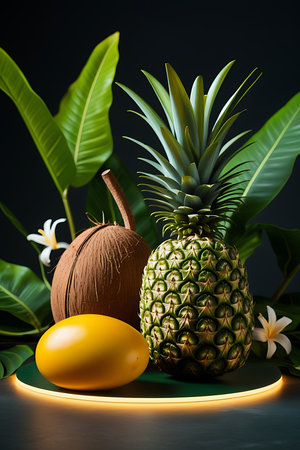 A composition of tropical fruits is presented on a dark surface. A whole, brown coconut sits to the left, a vibrant green pineapple is in the center, and a smooth, yellow mango is positioned in front. These fruits are arranged amidst large, lush green tropical leaves and a few delicate white flowers. The arrangement is elevated on a circular platform with a subtle, glowing green light ring around its edge, set against a dark, moody background.の素材