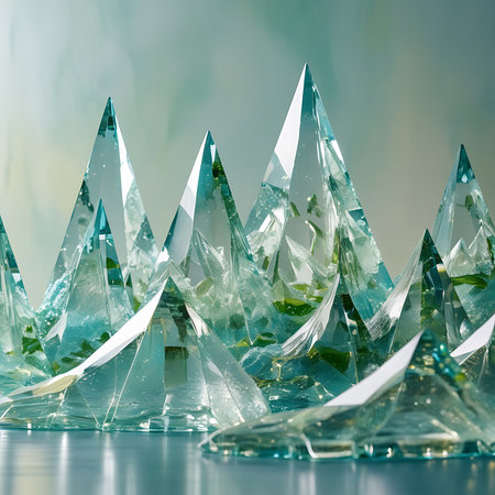 An abstract landscape composed of numerous sharp, translucent crystal peaks. The formations are geometric and angular, with a dominant color palette of teal and green. Light glints off the faceted surfaces, creating a shimmering and dynamic visual. Some crystals appear fractured or broken, adding a sense of raw, natural formation. The background is a soft, hazy blend of blues and greens, and the foreground shows a reflective surface mirroring the crystalline structures.の素材