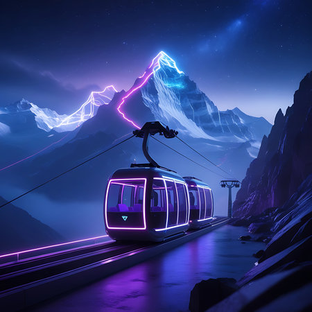 Two futuristic gondolas, outlined with bright pink and purple neon lights, travel on an elevated track through a dramatic mountain landscape at night. Snow-covered peaks are illuminated by a vibrant electric glow, and the sky is filled with countless stars. The scene combines advanced transportation with a breathtaking, otherworldly vista.の素材