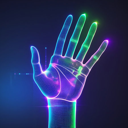 A stylized, wireframe representation of a human hand is depicted, illuminated by vibrant neon lights in shades of blue, green, and purple. The digital mesh structure of the hand is clearly visible, with glowing lines forming its outline and internal details. Small points of light and subtle flares add to the ethereal and futuristic aesthetic. The background is a dark, abstract space, emphasizing the luminous quality of the hand.の素材