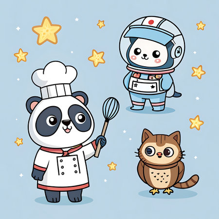 This delightful illustration showcases four cute cartoon characters against a light blue background adorned with yellow stars. A panda in chef attire holds a whisk. A cat in an astronaut suit with a helmet is positioned above. An owl with glasses is on the lower right. The overall style is playful and whimsical, suitable for children's themes.の素材
