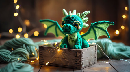 A charming, handmade crochet dragon toy in a vibrant green color sits inside a rustic wooden box. The dragon has large, expressive eyes and delicate wings. Soft, warm fairy lights create a bokeh effect in the background, adding a magical and cozy atmosphere. Several skeins of green yarn are visible around the box, hinting at the crafting process.の素材
