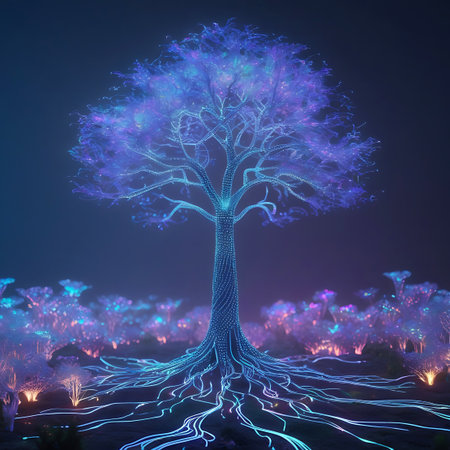 A solitary tree stands tall, its entire form illuminated by a soft, ethereal blue and purple glow. The trunk and branches are covered in tiny, sparkling lights, and its extensive root system is clearly visible, spreading out and glowing with vibrant blue lines. The surrounding landscape features smaller, glowing plants and trees, creating a magical and otherworldly scene.の素材