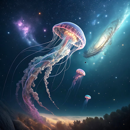 An ethereal scene featuring a large, bioluminescent jellyfish gracefully floating in a cosmic environment. The creature emits a soft glow, with its translucent tentacles trailing behind. The background is a deep, starry expanse, hinting at a celestial ocean with nebulae and distant galaxies, creating a surreal and magical atmosphere.の素材