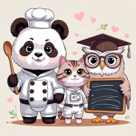 A charming cartoon illustration features three anthropomorphic animal characters. On the left, a panda wears a chef's hat and uniform, holding a wooden spoon. In the center, a tabby cat is dressed as an astronaut in a white suit. On the right, an owl with glasses and a graduation cap holds a small blackboard. They are depicted against a light background with subtle heart and leaf motifs.の素材
