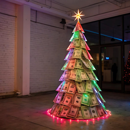 A uniquely crafted Christmas tree made entirely of US dollar bills stands in a dimly lit indoor space. The tree is illuminated with vibrant, colorful LED lights that cast a festive glow on the stacked currency. A star-shaped topper adorns the top of the tree. The background features a brick wall and a large window with a glimpse of the outdoors.の素材