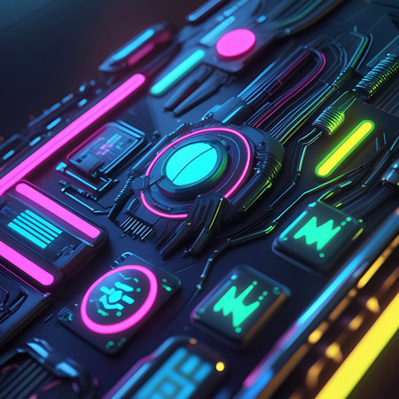 A detailed, close-up view of a futuristic electronic panel or circuit board. The surface is dark and textured, illuminated by glowing neon lights in vibrant green, pink, and yellow. Various components, buttons, and intricate patterns are visible, suggesting advanced technology, data processing, or a control interface.の素材