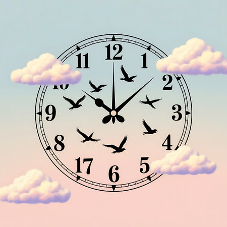 A stylized clock face is depicted against a soft gradient sky transitioning from blue to pink, resembling a sunrise or sunset. Silhouettes of birds are shown in flight around the clock's hands, which are pointing to different times. Fluffy, stylized clouds are scattered around the clock face, adding to the dreamlike and surreal atmosphere.の素材