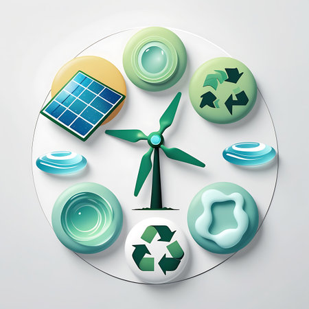 A clean, graphic illustration arranged in a circular pattern, featuring icons related to renewable energy and environmental sustainability. Prominently displayed are a solar panel, a wind turbine, and multiple recycling symbols. Other icons include a water drop, a stylized planet, and abstract shapes suggesting clean energy or resources. The design is modern and uses a palette of greens and blues on a white background.の素材