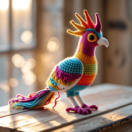 A vividly colored crochet parrot figurine stands on a wooden surface. The bird features a striking combination of pink, yellow, orange, blue, and teal in its plumage, with intricate detailing on its wings and tail. Its crest is a burst of colorful yarn strands. The background is softly blurred, highlighting the detailed craftsmanship of the toy.の素材