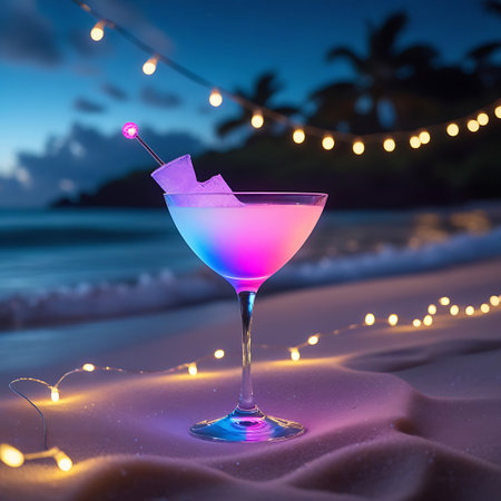 A vibrant cocktail in a martini glass sits on a sandy beach at dusk. The drink is illuminated with a gradient of pink, purple, and blue light. Twinkling string lights are draped around the glass and in the background, casting a warm glow on the sand. The ocean and a silhouetted palm tree are visible in the distance under a twilight sky.の素材