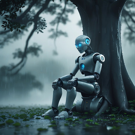 A metallic robot with glowing blue eyes is positioned beside the thick trunk of a tree, seated on the ground. It is raining, and the surrounding area is wet with fallen leaves and grass. The robot's pose is contemplative, with its hands resting on its knees and its head slightly bowed. The atmosphere is somber and moody, with a blurred natural background.の素材