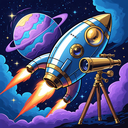 A detailed cartoon illustration features a blue rocket ship with prominent gold accents and fins, igniting its engines with bright orange flames as it ascends into a deep space environment. A ringed purple planet is positioned to the left, and a classic golden telescope on a wooden tripod is set up in the foreground, observing the scene. The background is a dark sky filled with stars and wispy purple clouds.の素材
