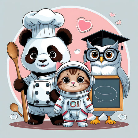 This is a cute cartoon illustration of three animal characters. A panda in a chef's outfit stands with a spoon, a cat in an astronaut suit is in the middle, and an owl wearing a graduation cap and glasses holds a blackboard with a speech bubble icon. They are presented against a soft pink and grey background with decorative hearts and cloud elements.の素材
