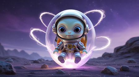 A very cute, baby-like alien with large eyes is depicted wearing a detailed astronaut suit. The alien is seated inside a transparent, glowing bubble that emits a soft purple light. The bubble is positioned on the rocky, barren surface of an alien planet under a twilight sky. Wisps of light energy emanate from the bubble, creating a magical and whimsical atmosphere.の素材