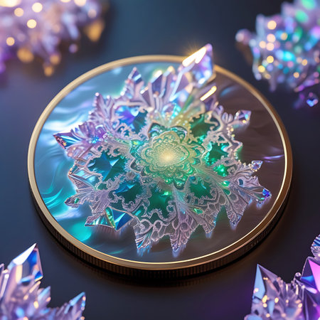 A detailed shot of a round, metallic object, likely a coin or medallion, featuring a prominent crystal snowflake design at its center. The snowflake is rendered with sharp, faceted crystal elements in vibrant shades of green, blue, and purple, with iridescent highlights. The surrounding area of the object has a swirling, liquid-like texture. Scattered around the main object are smaller, sharp crystal formations in similar colors. The background is dark and softly blurred, drawing attention...の素材