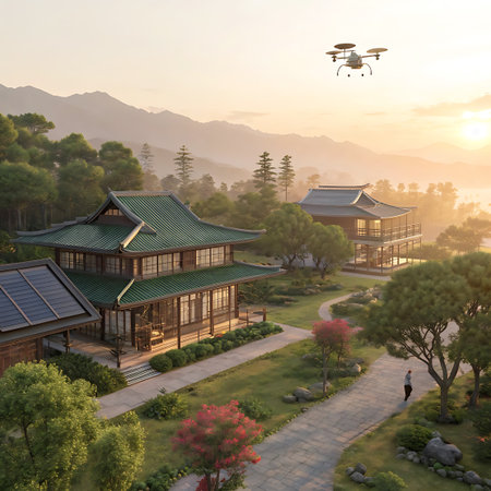 A drone is depicted in the sky above a tranquil landscape featuring traditional Japanese buildings with distinctive green tiled roofs. A lone figure stands on a pathway, observing the scenery. The scene is enveloped in a soft mist, with rolling hills and mountains visible in the distance, illuminated by the warm light of sunrise or sunset. Lush trees and greenery surround the architecture, and a path meanders through the grounds. The overall atmosphere is peaceful and contemplative.の素材