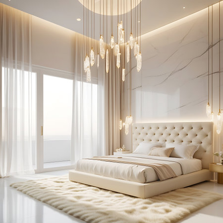 This image showcases an elegant bedroom interior with a focus on comfort and luxury. A large, tufted bed with pristine white linens and soft beige pillows is the centerpiece. Above the bed, a dramatic crystal chandelier hangs, accompanied by several smaller crystal pendant lights. The room features a marble accent wall and sheer, flowing curtains that frame a large window, allowing ample natural light to fill the space. A soft, cream-colored rug adds a touch of warmth and texture to the...の素材