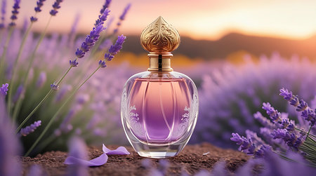 An elegant glass perfume bottle with a golden, ornate cap sits on the ground in a vibrant lavender field during sunset. The bottle contains a gradient of pink and purple liquid. Sprigs of lavender frame the bottle, with fallen petals scattered around. The background shows a soft-focus landscape with rolling hills and a warm, golden sky.の素材