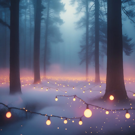 Tall, dark trees stand in a misty forest at twilight. Numerous glowing string lights are draped between the trees and scattered on the ground, casting a warm orange and yellow glow. The atmosphere is thick with fog, creating a magical and serene scene.の素材
