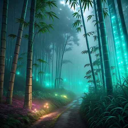 A mystical bamboo forest path winds through dense foliage under a misty, twilight sky. The scene is illuminated by an ethereal teal and turquoise glow emanating from glowing lights and plants along the path and scattered throughout the forest. Tall bamboo stalks rise on either side, creating a magical and dreamlike atmosphere.の素材