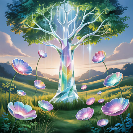 A magnificent tree with a trunk made of shimmering, multicolored crystal stands tall in a lush meadow. Rays of light emanate from the tree, illuminating the surrounding landscape. Numerous luminous flowers with petals in shades of pink, purple, and blue bloom around the base of the tree, creating a magical and ethereal atmosphere. The background features rolling hills and a soft, cloudy sky.の素材
