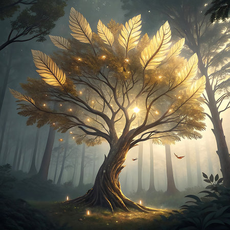 A majestic, ancient tree stands as the centerpiece in a mystical forest. Its gnarled trunk and branches are adorned with large, golden leaves that emit a warm, ethereal glow. Sunbeams pierce through the dense canopy, illuminating the scene and casting dappled light on the forest floor, where small lights twinkle. Two birds are seen in flight.の素材