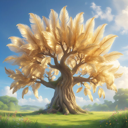 An enchanted tree with a thick, twisted trunk is covered in vibrant golden leaves that resemble feathers. It stands in a sunlit green meadow filled with a variety of colorful wildflowers. The background features a clear blue sky with soft, white clouds, creating a bright and cheerful atmosphere. The overall scene evokes a sense of fantasy and natural wonder.の素材