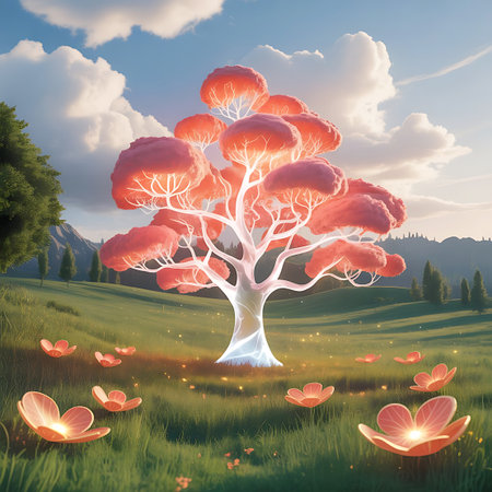 A surreal and enchanting scene unfolds in a sun-drenched meadow. A large, luminous tree with vibrant pink, glowing foliage dominates the center, its branches reaching towards a sky filled with fluffy white clouds. The tree's trunk appears to be made of glowing white light, emanating from its base. Surrounding the tree are numerous glowing, stylized flowers in shades of pink and orange, scattered across the lush green grass. The background features rolling hills and distant trees, bathed in...の素材