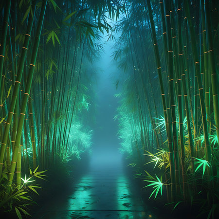 A pathway made of reflective wet stones leads through a dense bamboo forest. The tall, green bamboo stalks are illuminated with an ethereal green glow, creating a mystical and enchanting atmosphere. Light emanates from the bamboo and from glowing plants on the forest floor, casting a soft, otherworldly light.の素材