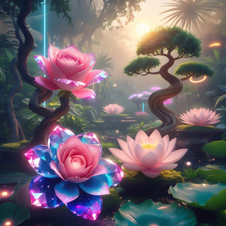A surreal and enchanting garden scene bathed in soft, ethereal light. Luminous crystal lotus flowers in vibrant shades of pink, blue, and purple bloom in a tranquil pond. A twisted bonsai tree stands majestically in the background, with glowing orbs and lush foliage creating a magical and dreamlike atmosphere.の素材