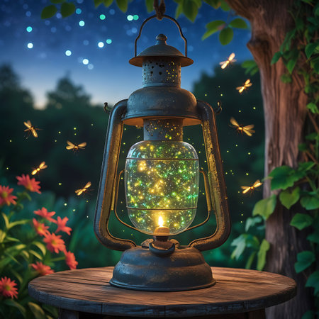 An antique lantern sits on a rustic wooden table in a garden at dusk. The lantern's glass globe is filled with a soft, warm glow and numerous tiny, sparkling lights resembling fireflies. The background features a dark, twilight sky with faint stars and trees. Several fireflies are also depicted flying around the lantern, adding to the magical and enchanting atmosphere.の素材