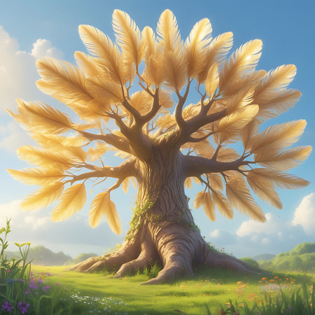A majestic tree with a thick, gnarled trunk and exposed roots stands in a vibrant green meadow. Instead of traditional leaves, its branches are adorned with large, golden feathers that fan out towards a bright blue sky filled with fluffy white clouds. The foreground is dotted with small purple and yellow wildflowers, and the background shows rolling green hills.の素材
