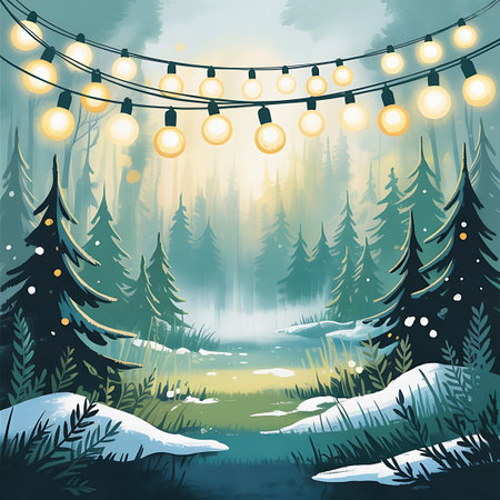 A serene winter forest scene with tall pine trees covered in snow. A string of warm, glowing yellow lights is strung across the top of the image. The background is a misty, ethereal forest with soft light filtering through the trees. Patches of snow and frost cover the ground.の素材