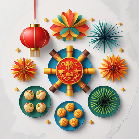 A vibrant flat lay arrangement celebrating Chinese New Year. The composition features a central auspicious wheel with Chinese characters, surrounded by red and gold paper lanterns, colorful paper decorations resembling fireworks or flowers, and plates of traditional dumplings and pastries. The color palette is dominated by red, gold, yellow, orange, and green, evoking a sense of festivity and good fortune. The arrangement is set against a clean white background.の素材