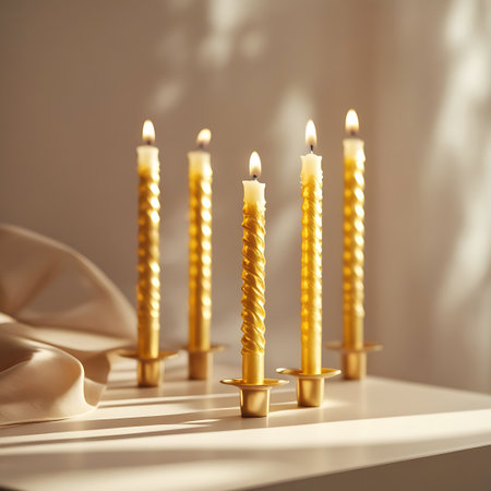 Five tall, thin beeswax taper candles are lit and burning, casting a warm glow. They are held in individual gold-colored holders with flared bases. The candles have a distinct spiral texture. The arrangement is placed on a white surface, with soft shadows and light patterns on a muted background wall, and a draped light-colored fabric to the left.の素材