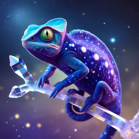 An enchanting fantasy illustration of a chameleon with a skin that resembles a starry night sky. The creature is primarily deep blue and purple, speckled with luminous yellow and white stars. Its eyes are a bright, piercing green. The chameleon is gripping a clear, angular crystal branch. The background is a dark, atmospheric sky with soft, glowing orbs of light.の素材