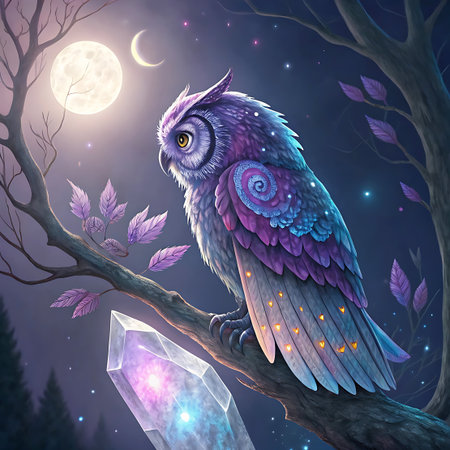 A beautifully detailed and fantastical owl with vibrant purple and blue plumage is perched on a gnarled tree branch under a large, luminous moon and crescent. A large, glowing crystal rests on the branch below the owl. The scene is set in a mystical night forest, with soft light emanating from the moon and subtle sparkles in the air, creating an enchanting and otherworldly atmosphere.の素材