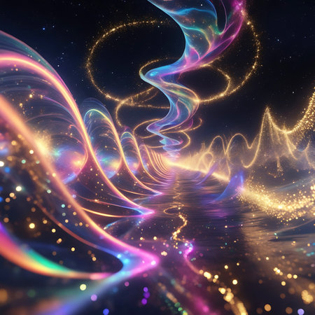 An abstract and ethereal cosmic scene featuring a luminous pathway made of swirling, colorful light. Ribbons of pink, blue, and gold energy twist and flow, resembling a fluid river or a magical trail through space. Golden sparkles and light dots are scattered throughout, enhancing the sense of wonder. The background is a dark, starry expanse, with hints of distant nebulae, creating a dreamlike and otherworldly atmosphere.の素材