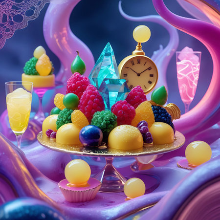 Celebration showing fantasy dessert platter with clock and gemstones on swirling background keywords: dessert, platter, cake, candy, fruit, berries, raspberry, blackberry, pear, gemstone, diamond, clock, alarm clock, gold, glass, cocktail, drink, juice, colorful, fantasy, surreal, abstract, vibrant, pink, purple, blue, yellow, green, sweet, treat, celebration, party, decoration, creative, art, digital, render, 3d, food, drink, luxury, opulent, playful, imaginative, artistic, decorative,...の素材