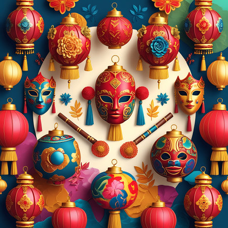 A vibrant and ornate collection of traditional Chinese New Year elements. Red and gold lanterns with intricate floral patterns and tassels hang alongside decorative masks in various designs, including animal and human faces. The background features a soft, circular white element and hints of foliage, creating a festive and celebratory atmosphere.の素材