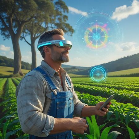 A man wearing augmented reality glasses and denim overalls stands in a lush green field of crops. He holds a smartphone in one hand and looks towards holographic displays that float in the air before him, showing data and circular interfaces. The background features rolling hills, trees, and a bright blue sky with scattered clouds, indicating a sunny day.の素材