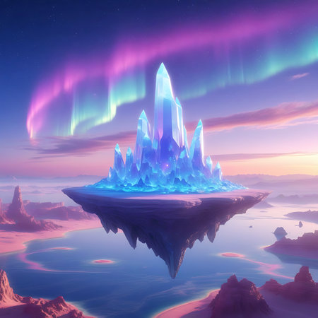 A surreal fantasy landscape featuring a floating island adorned with glowing blue crystals. The island is situated above a body of water reflecting the vibrant pink, purple, and green hues of the aurora borealis that illuminates the twilight sky. Jagged rock formations and distant mountains complete the otherworldly scene.の素材