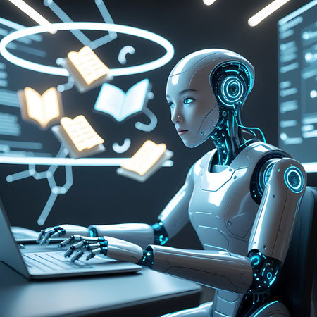 A sophisticated female android with a metallic finish and illuminated blue circuitry is seated, actively typing on a laptop. Several glowing, open holographic books float around her, suggesting a context of digital learning or information processing. The scene is set against a dark, technologically advanced backdrop.の素材