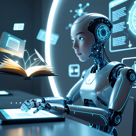 A sleek, female-presenting android with detailed mechanical joints and glowing blue accents sits at a desk. Her hands interact with a tablet displaying information. In front of her, a holographic open book with a pen hovers, emitting a soft glow. The background features digital displays and abstract technological elements.の素材