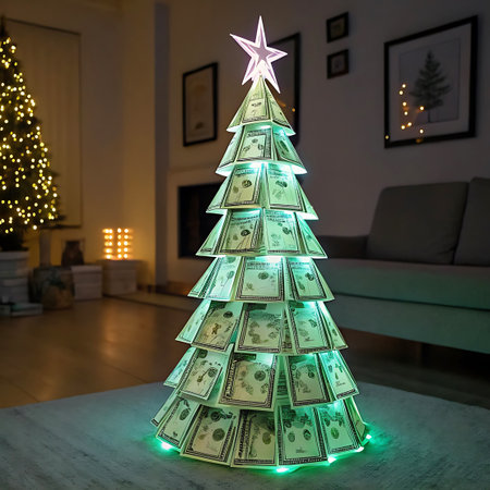 A Christmas tree constructed from US dollar bills is showcased indoors, likely in a home setting. The tree is adorned with bright, twinkling LED lights that highlight the currency. A star-shaped ornament sits at the very top. The background shows a cozy living room with a fireplace and furniture, suggesting a warm holiday atmosphere.の素材