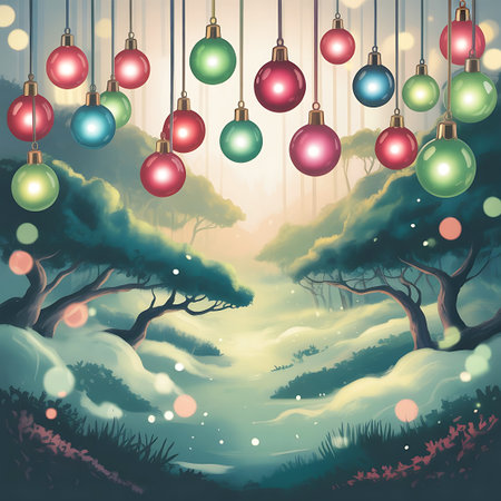 A whimsical scene depicts numerous colorful Christmas ornaments, including red, green, blue, and pink baubles, suspended by thin strings against a backdrop of a magical, misty forest. The trees are stylized with soft, glowing lights and bokeh effects, creating an ethereal and dreamlike atmosphere. The ground is covered in soft, white mist, with hints of pink and green foliage.の素材