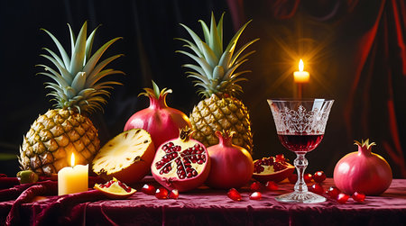 A festive still life arrangement showcasing whole and halved pomegranates, two pineapples, and a bright yellow fruit. A finely detailed crystal goblet, filled with red liquid, is positioned to the right. Two lit candles provide a warm, flickering light, casting shadows and highlighting the rich textures of the fruits and the deep red velvet tablecloth. Dark, draped fabric and hints of foliage form the background.の素材