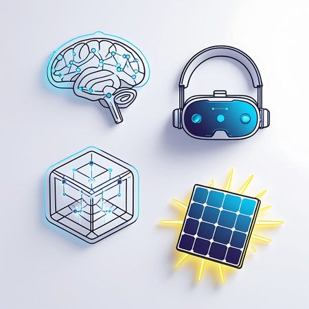 Four distinct icons are arranged on a clean white background. Top left is a stylized brain with glowing blue neural pathways. Top right is a virtual reality headset with blue accents. Bottom left is a geometric cube structure with glowing blue connections. Bottom right is a solar panel radiating yellow light.の素材