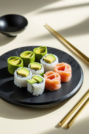 A close-up shot of a black plate holding several pieces of sushi, featuring salmon and avocado rolls. Some rolls are topped with vibrant orange salmon, while others showcase bright green avocado. Two gold chopsticks are positioned to the right of the plate. The lighting creates soft shadows, adding depth and a modern feel to the food presentation.の素材